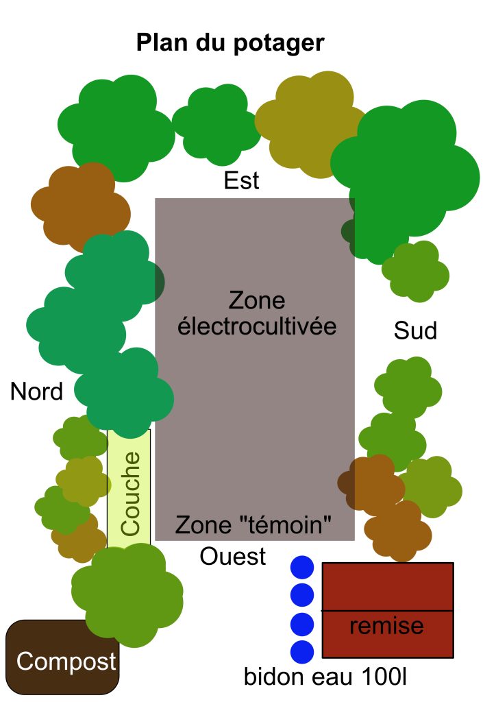 Schéma d’un potager vu de dessus montrant l’organisation des cultures, l’orientation et la zone d’électroculture
